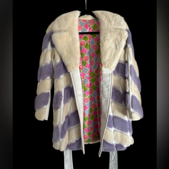 Vintage one of a kind Purple and Cream fur white leather coat with belt retro - Picture 3 of 8